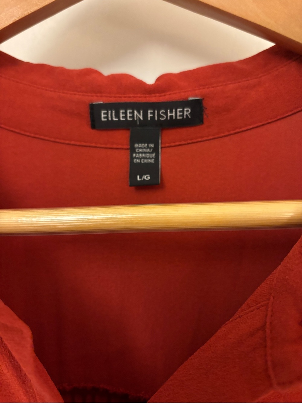 Eileen Fisher Silk Shirt Dress Brick Red Size Large Long Sleeve Classic Collar - Picture 9 of 11